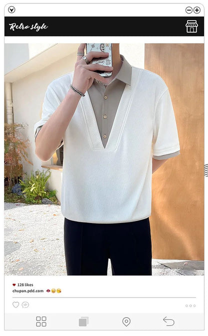 2025 summer new men's fake two-piece shirt, men's clothing, trendy brand, casual, high-end short-sleeved polo shirt