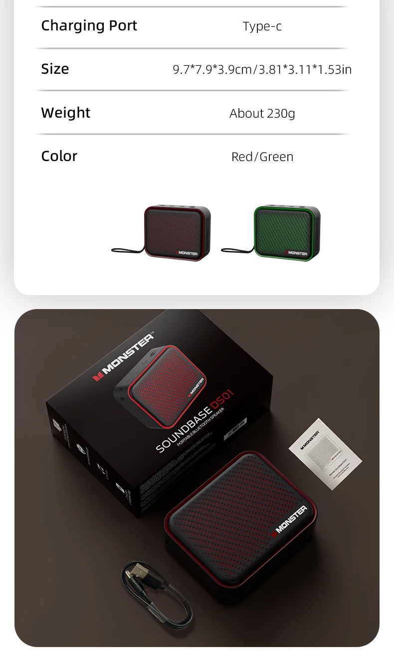 Caixa de Som Portátil Sem Fio Monster DS01 Outdoor BT V6.0 IP67 à Prova d'Água 1500mAh Mini Subwoofer de Alta Fidelidade Acústica Personalizada