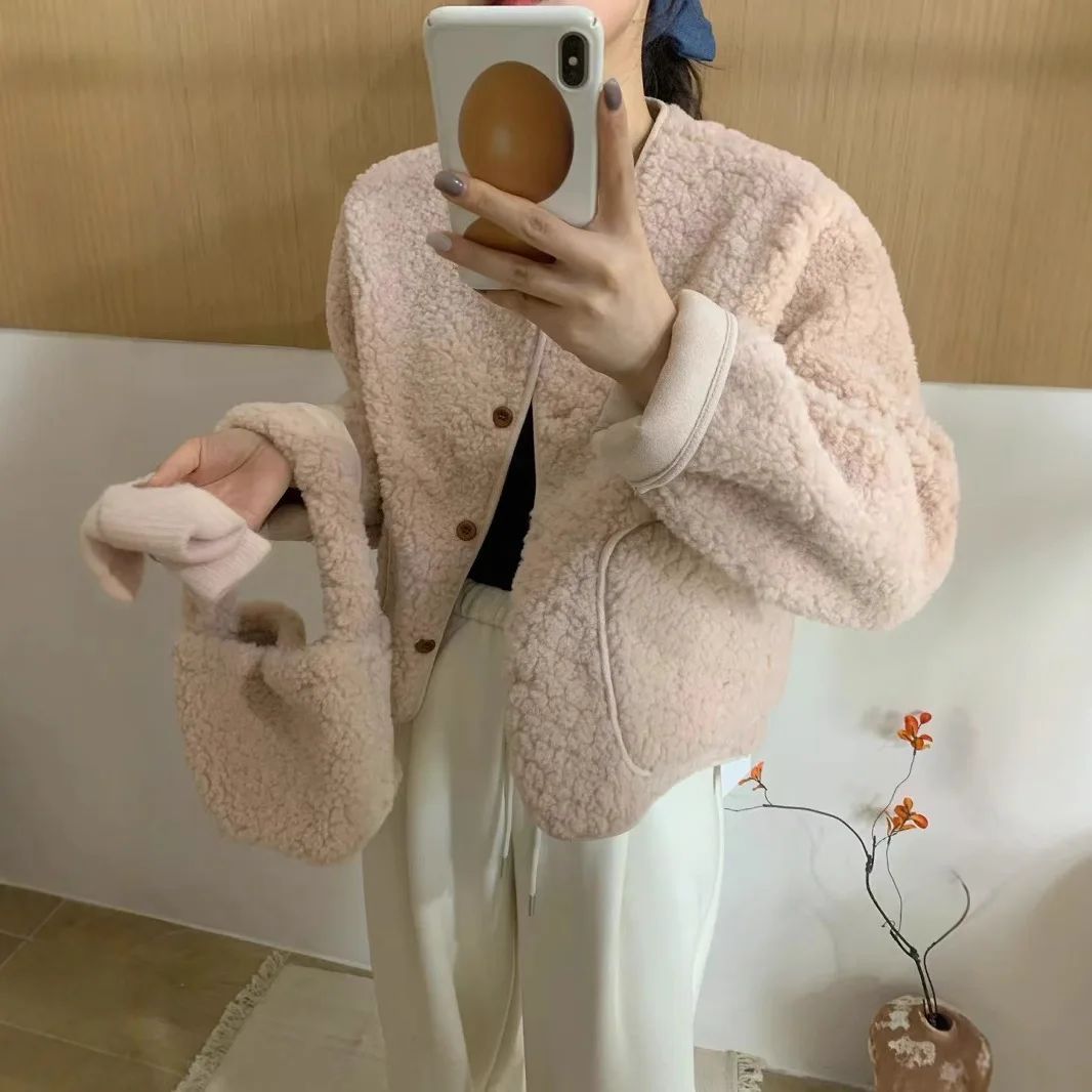 Korean Chic round Neck Single Button Loose Lamb Fur Jacket Winter Elegant Fashion Small Size with Bag Matching Women's Coat
