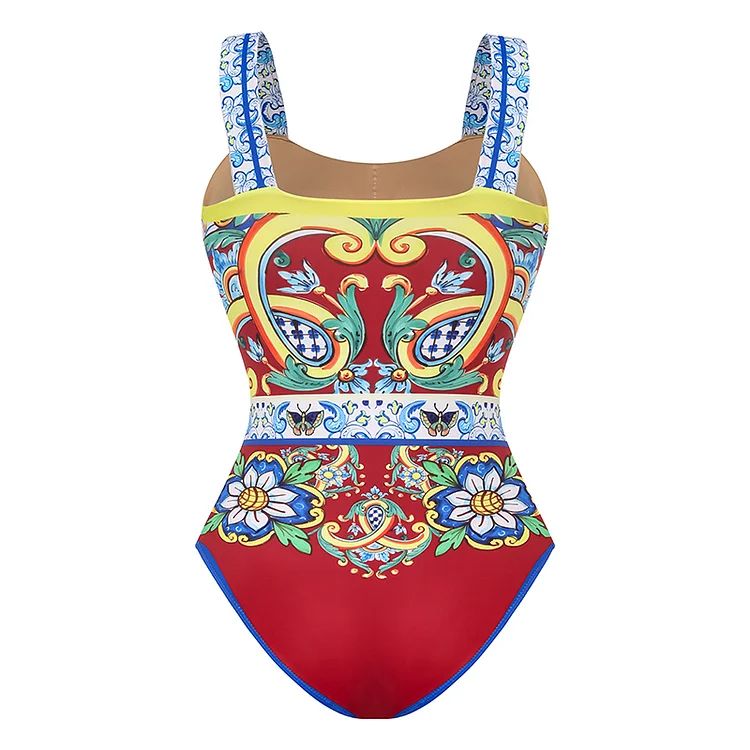 2024 Vintage Pattern Printed One Piece Swimsuit Swimwear Bikini Set Women Beachwear Clearance Wholesale