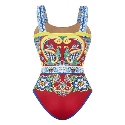 2024 Vintage Pattern Printed One Piece Swimsuit Swimwear Bikini Set Women Beachwear Clearance Wholesale