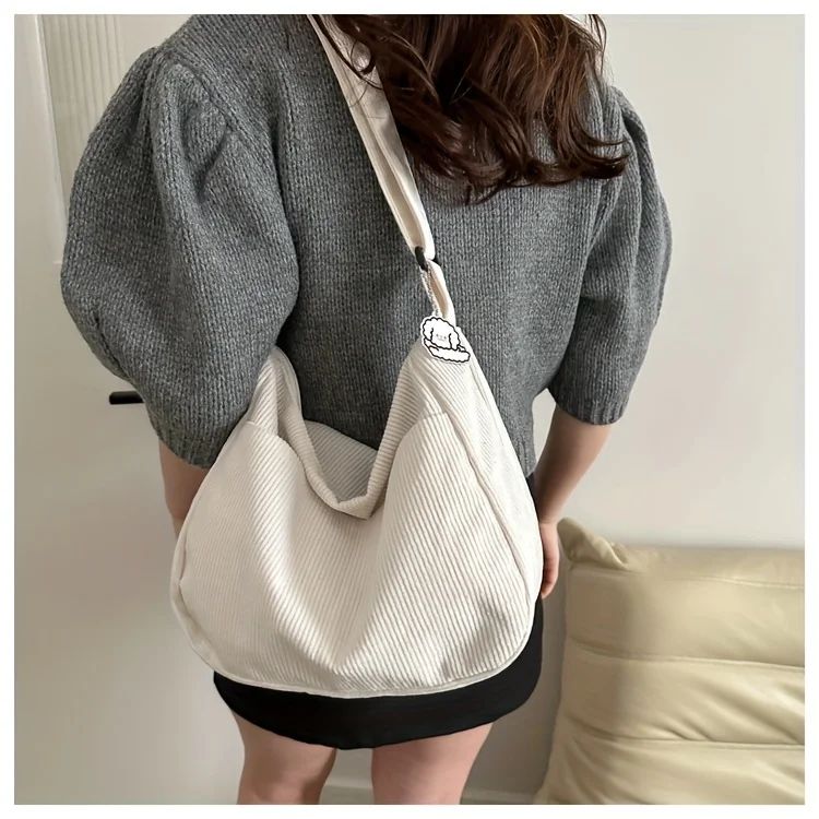 Women’s Corduroy Shoulder Bag Casual Striped Large Capacity Tote with Zipper Closure, Cute Hat Patch, Perfect for Everyday Use