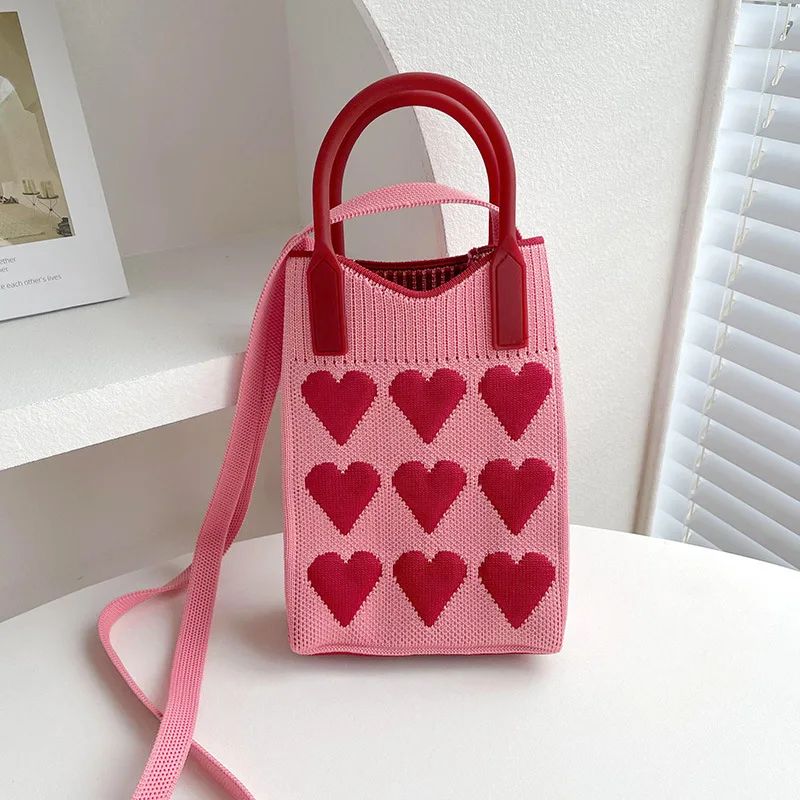 Korean Fashion Heart Knitted Mini Square Handbag for Women Small Mobile Phone Shoulder Bags Girls Cute Outdoor Crossbody Bags