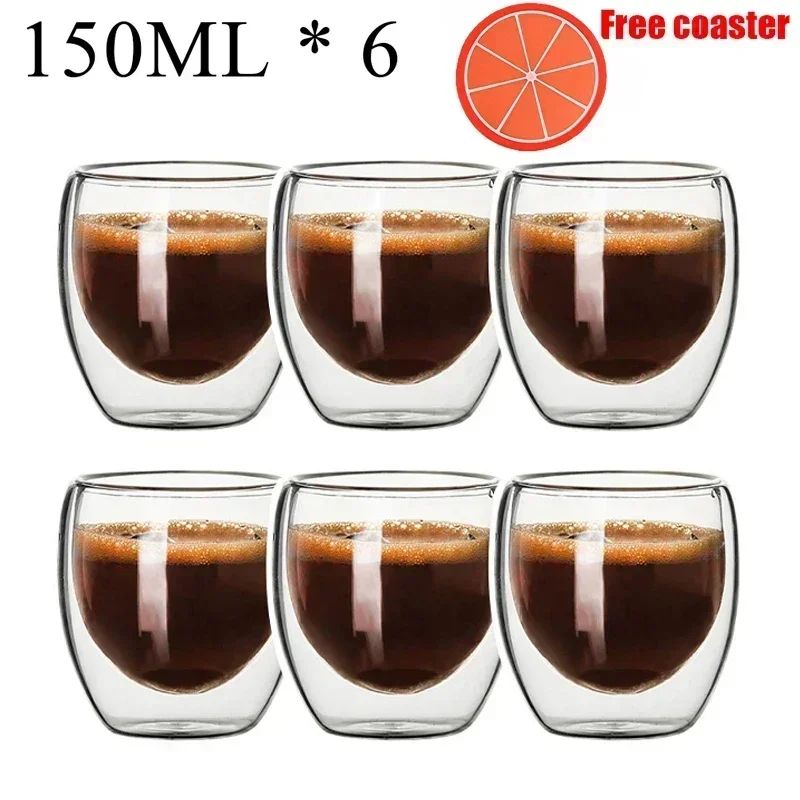 Caneca transparente de parede dupla 2-6 peças Copo de café e leite de vidro borossilicato alto resistente ao calor para casa e escritório