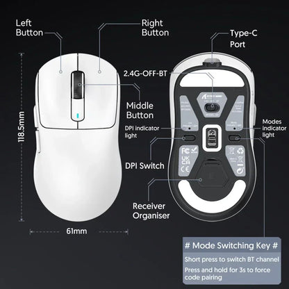 Mouse Gamer X3 PixArt PAW3395 Bluetooth 2.4G Tri-Mode, 26000dpi, 650IPS, 49g Leve com Macro