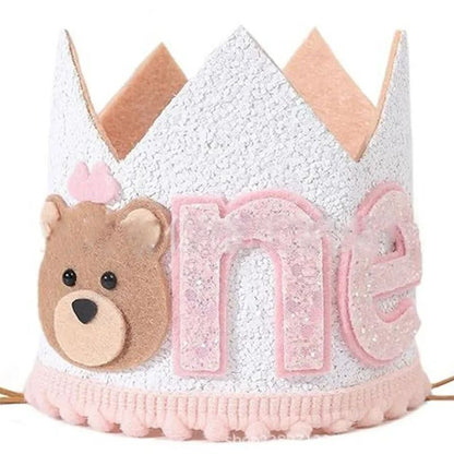 Cartoon Bear One Year Old Crown Baby Jungle Safari 1st Birthday Pink Brown Bear Crown Boy Girl First Birthday Party Decor Hat