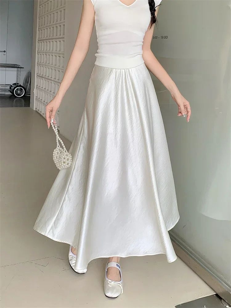 Plus Size Satin Half-Body Skirt Female 2026 Spring New Korean Fashion Temperament Elegant Solid Casual A-line Skirts