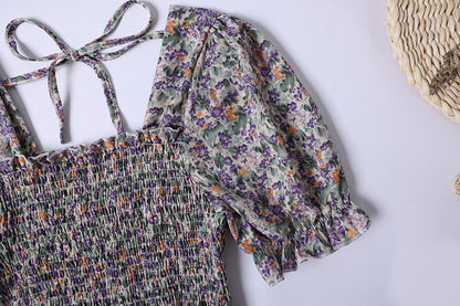 Summer Pleated Women Chiffon Dresses Casual Beach Holiday Short Sleeve Square Co