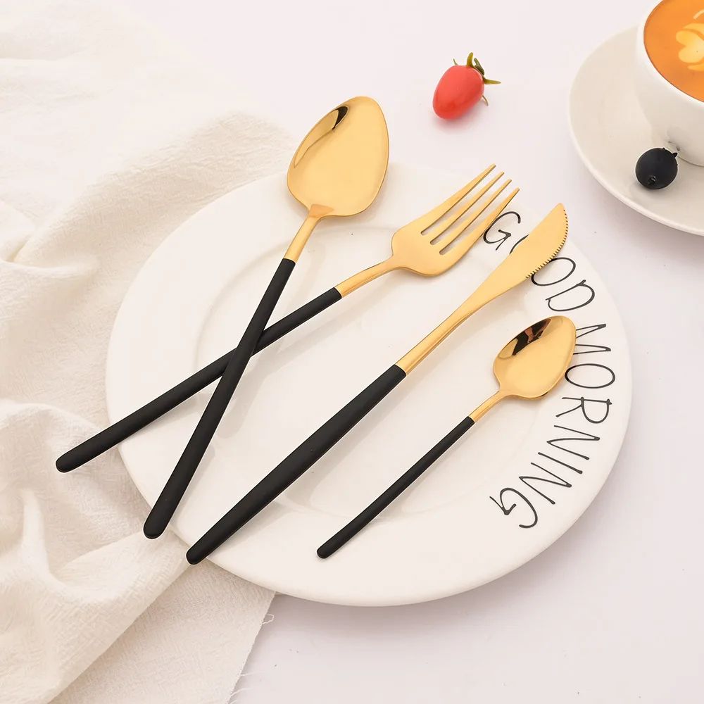 4Pcs Black Gold Dinnerware Tableware Set Mirror Stainless Steel Cutlery Kitchen Knife Fork Spoon Restaurant Wedding Flatware Set