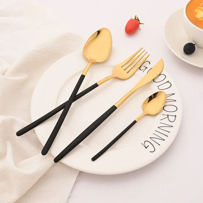 4Pcs Black Gold Dinnerware Tableware Set Mirror Stainless Steel Cutlery Kitchen Knife Fork Spoon Restaurant Wedding Flatware Set