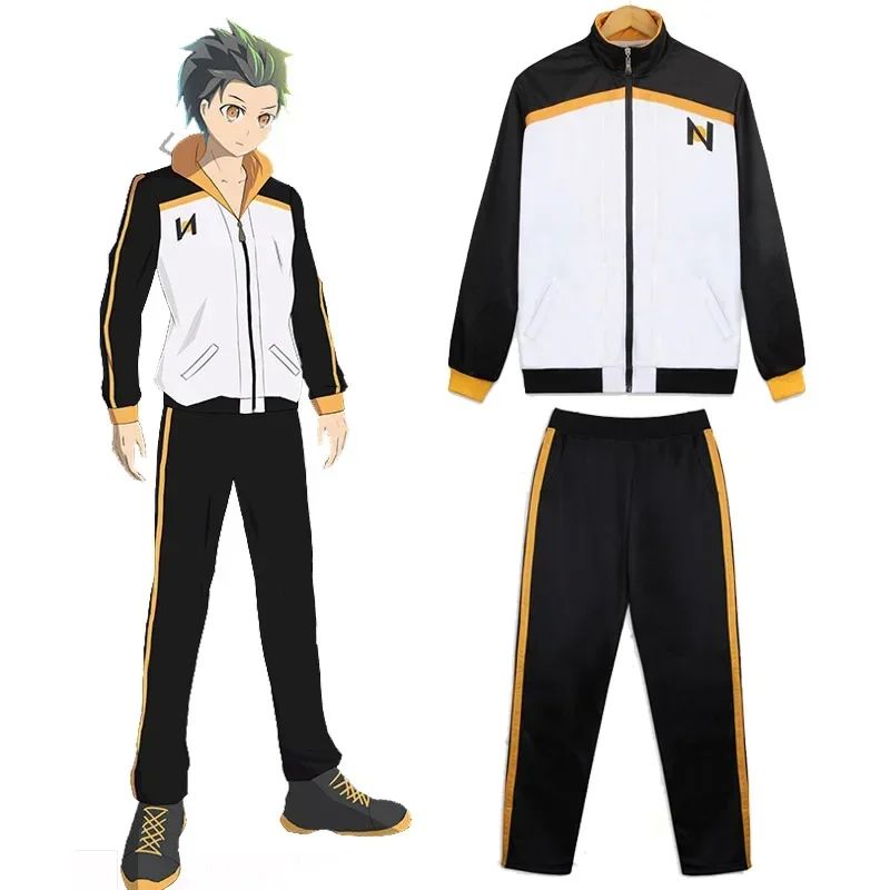 Subaru Natsuki Cosplay Costume Sportswear Re:Zero kara Hajimeru Isekai Seikatsu Jacket Pants Suit Black White Tracksuit Uniform