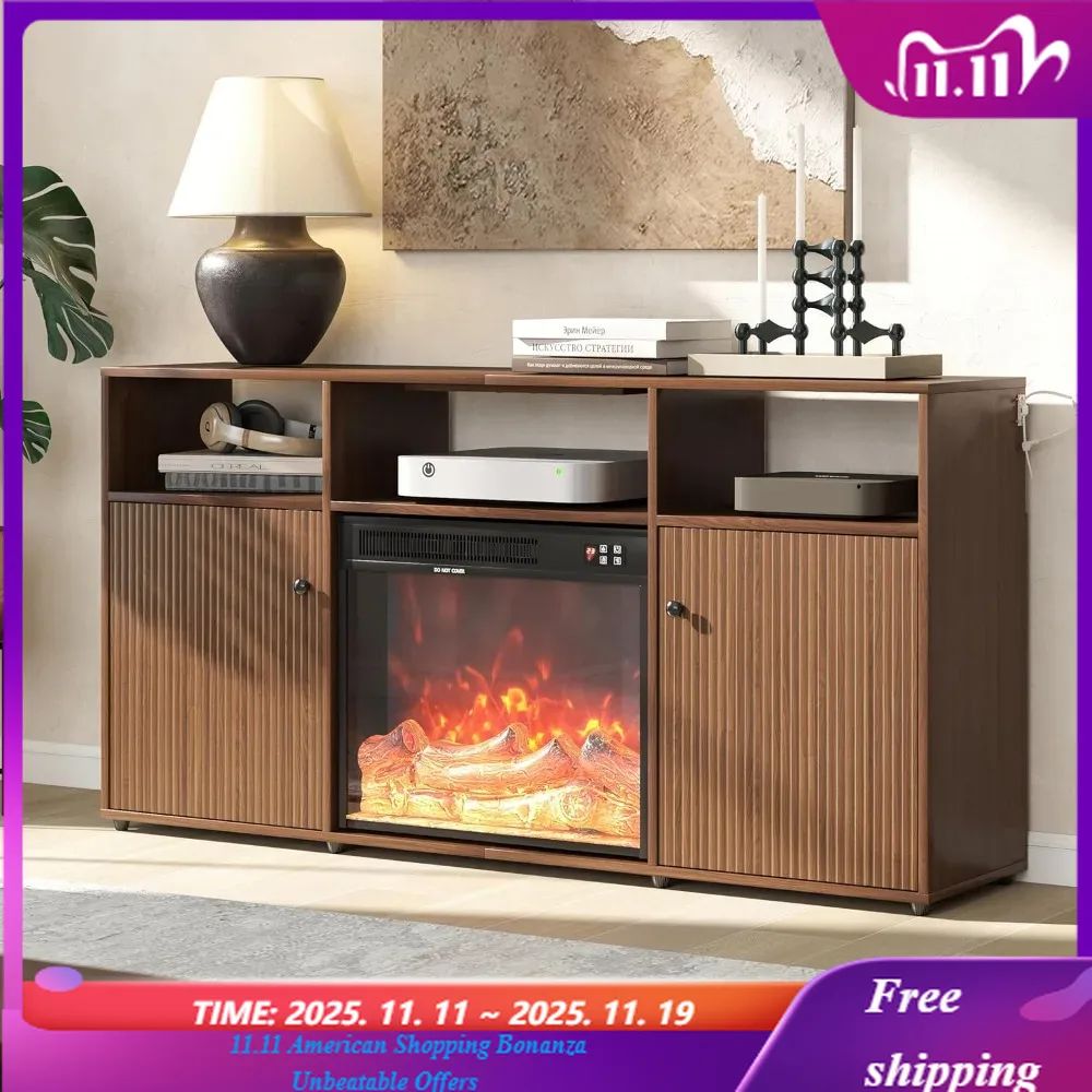 Mid Century Modern Electric Fireplace, TV Stand for Living Room and Bedroom, Retro Entertainment Center for 55 60 65 Inch TVs, 5