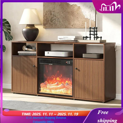 Mid Century Modern Electric Fireplace, TV Stand for Living Room and Bedroom, Retro Entertainment Center for 55 60 65 Inch TVs, 5