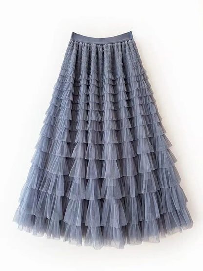 HOT Solid Multilayer Ruffle Mesh Skirt Women Boho High Waist Long Maxi Tulle Skirt Spring Summer Party Women's Clothing