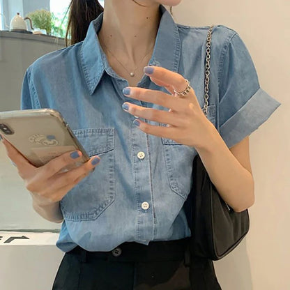 Summer Korean Denim Short Sleeve Shirt Women 2025 Pockets Loose Turn Down Colllar Shirts Woman Chic Single Breasted Jeans Blouse