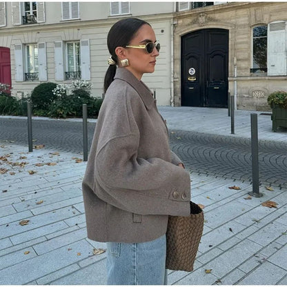 Casual Solid Single Breasted Wool Jacket Women Chic Lapel Long Sleeve Pleated Pocket Loose Coats Autumn High Street Overcoat New