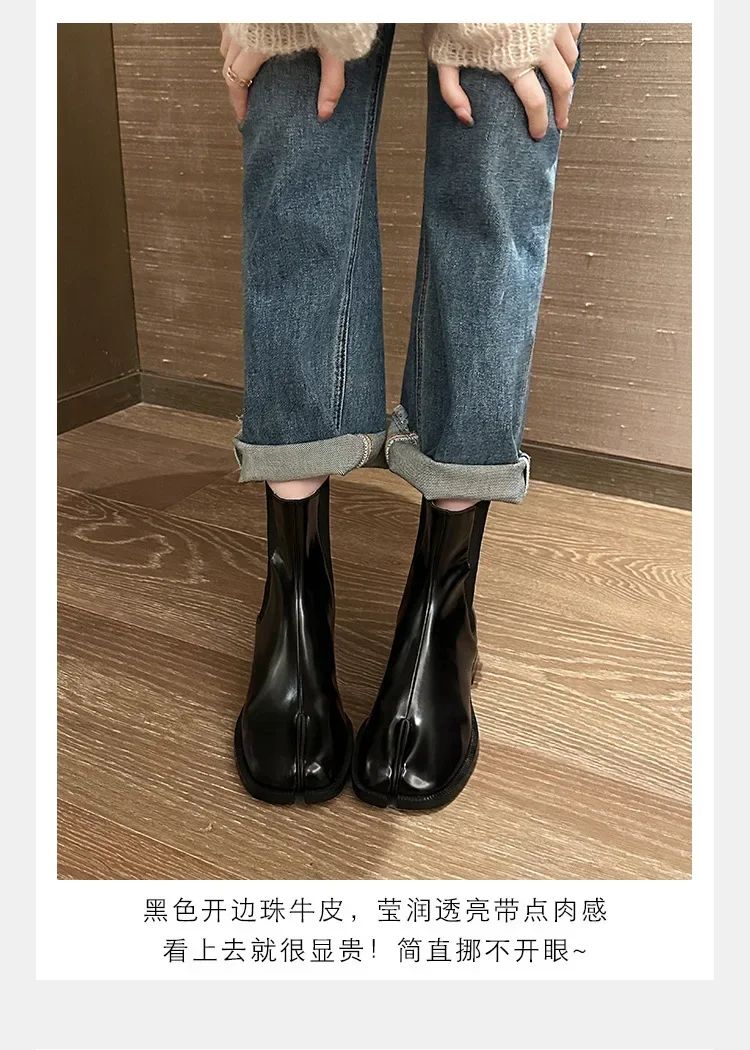 2025 Stretch Slip On Chelsea Boots Woman Split Toe Low Heels Ankle Botas Feminina Tabi Shoes Winter Patent/Matte Leather Botines