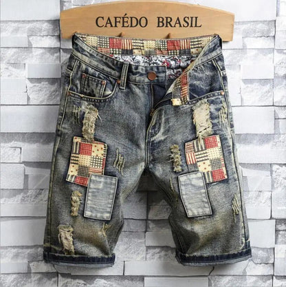 High Quality Men's Summer Holes Denim Shorts Jeans Men Straight Retro Shorts Jeans Men Knee Length Cowboy Jeans Shorts Size 40