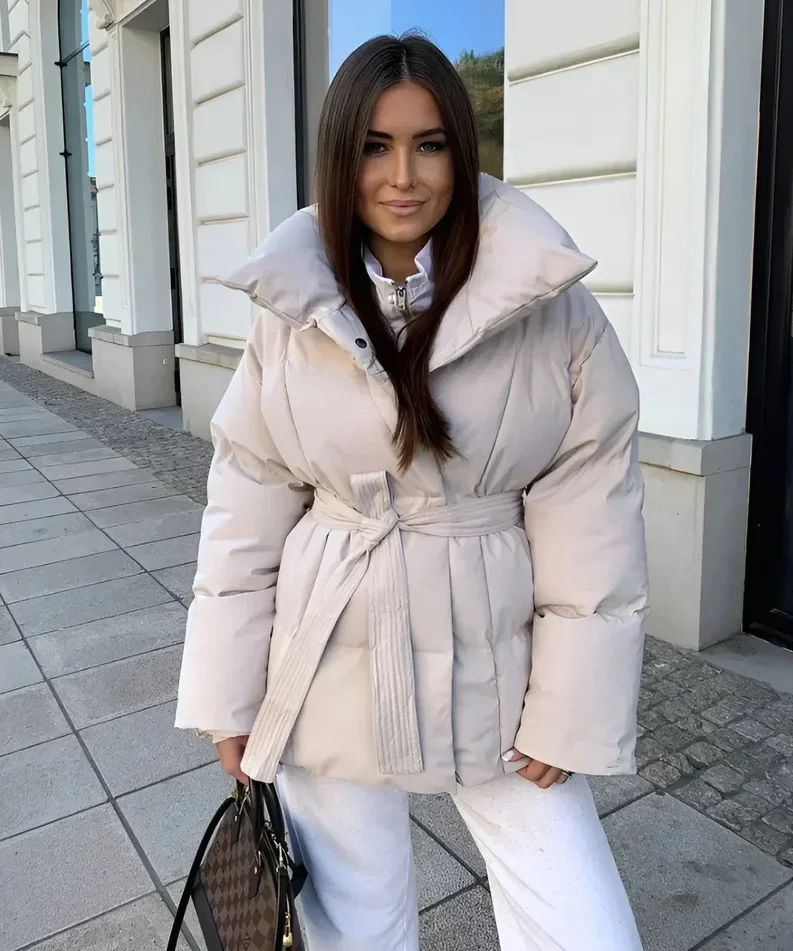 Solid Lapel Lace Up Cotton Coat Women Fashion Long Sleeve Warm Loose Pocket Short Coats Lady New Winter Commute Street Outwears