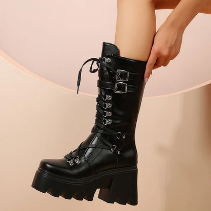 Winter 2024 New Women's Fashion Mid Tube Boots Lace Up High Platform Wedge Boots New Women's Fashion Solid Color Boots