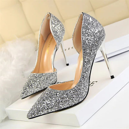 Plus Size 34-43 Women 9.5cm High Heels Stripper  Bling Glod Red Silver Scarpins Pumps Lady Stiletto Wedding Bridal Fetish Shoes