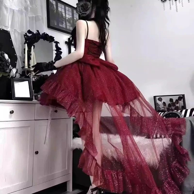 Gothic Y2k Sling Dress Women Harajuku Retro Tulle Ruffles Trim Christmas Party Outfit Grunge Aesthetic Sleeveless Elegant Wear