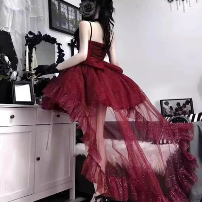 Gothic Y2k Sling Dress Women Harajuku Retro Tulle Ruffles Trim Christmas Party Outfit Grunge Aesthetic Sleeveless Elegant Wear