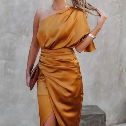 Elegant High-end Feel Women's Evening Dress Solid Color Irregular Midwaist Cross