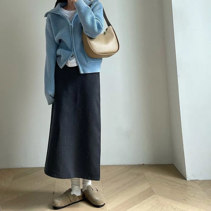 Sweater Coat Skirts 2024 Autumn and Winter New Gray Back Slit Suit Skirt Skirt