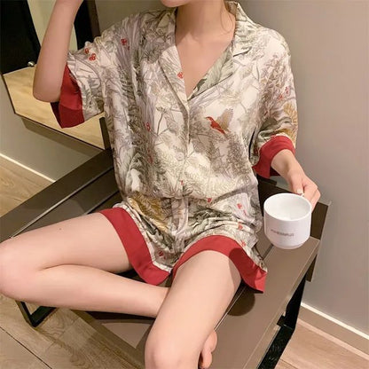 Pyjama Summer New Ladies Sweet Satin Silk Floral Printed Pajamas Set Short Sleeve+Pants Women Ice Silk Cute Homewear Casual Wear