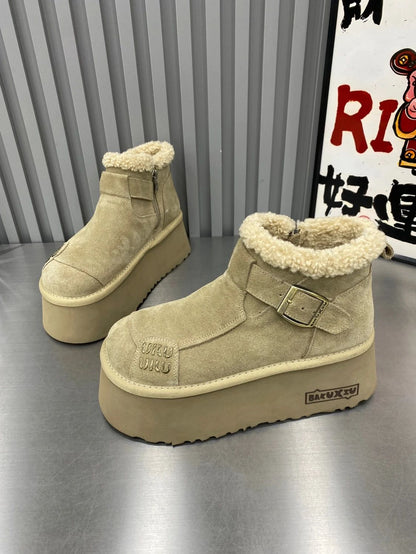 2024 New Fur Platform Women Ankle Boots Flats Suede Warm Shoes Woman Trend Designer Brand Short Plush Cozy Femme Snow Botas