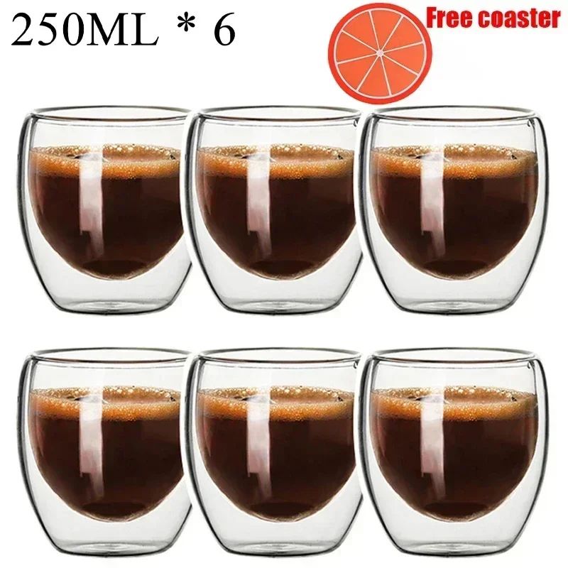 Caneca transparente de parede dupla 2-6 peças Copo de café e leite de vidro borossilicato alto resistente ao calor para casa e escritório