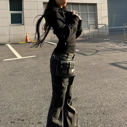 Low Waist Workwear Pants Women's Slimming Floor-Length Bell Bottoms Trendy Y2K Millennium Cargo Trousers Retro American Style