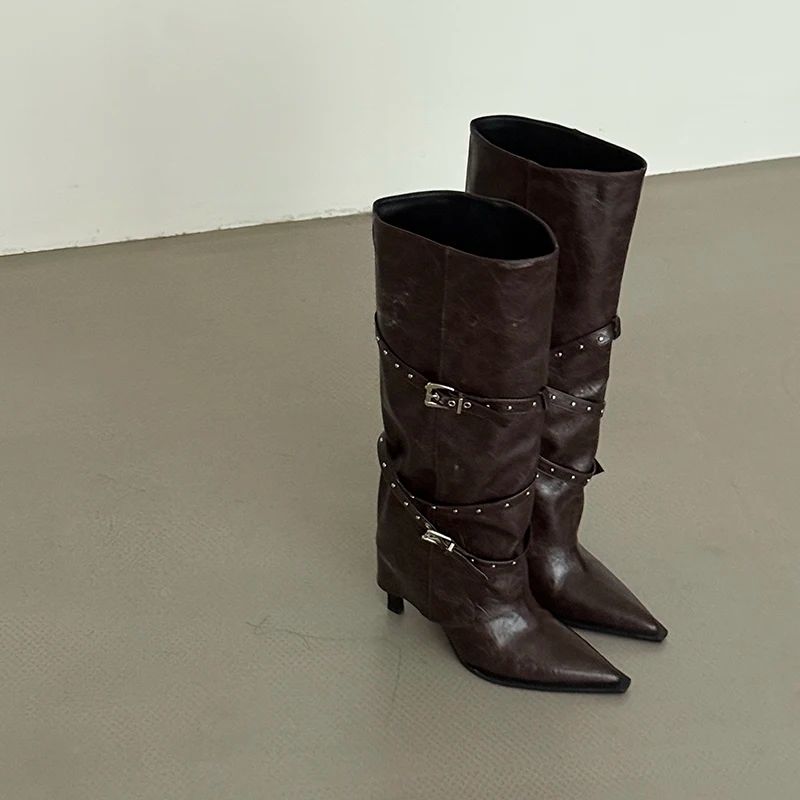 Night Club Pointed Toe Long Boots For Women High Heels Autumn Winter Shoes Ladies Belt Buckle Botas Mujes