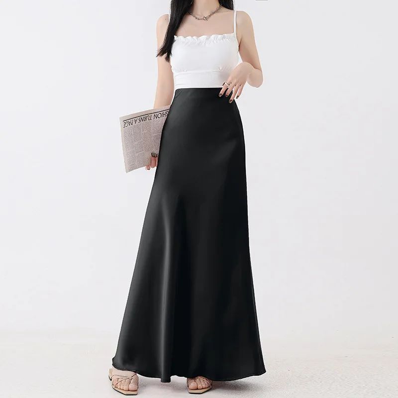 Plus Size Plus Size Satin Fish Tail Half Skirt Women's High Waist A- Line Midi Skirt Spring Summer New Style Bodycon Soft Dra...