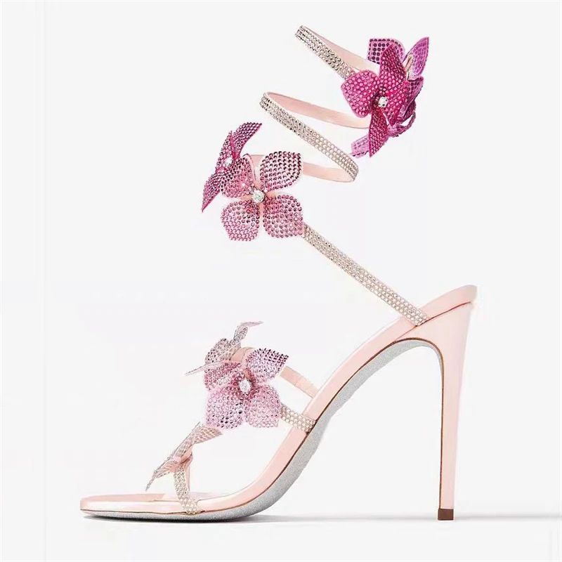 Sandália Feminina Sexy Eilyken com Flores de CRISTAL Salto Fino Alto Tiras Finas no Tornozelo Estilo de Rua Sapatos de Pole Dance