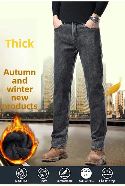 Winter Warm Jeans Men's Slim Straight Elastic Denim Pants Casual Male Clothing Fashion Plush Trousers New Hot Sale Fashion Jeans