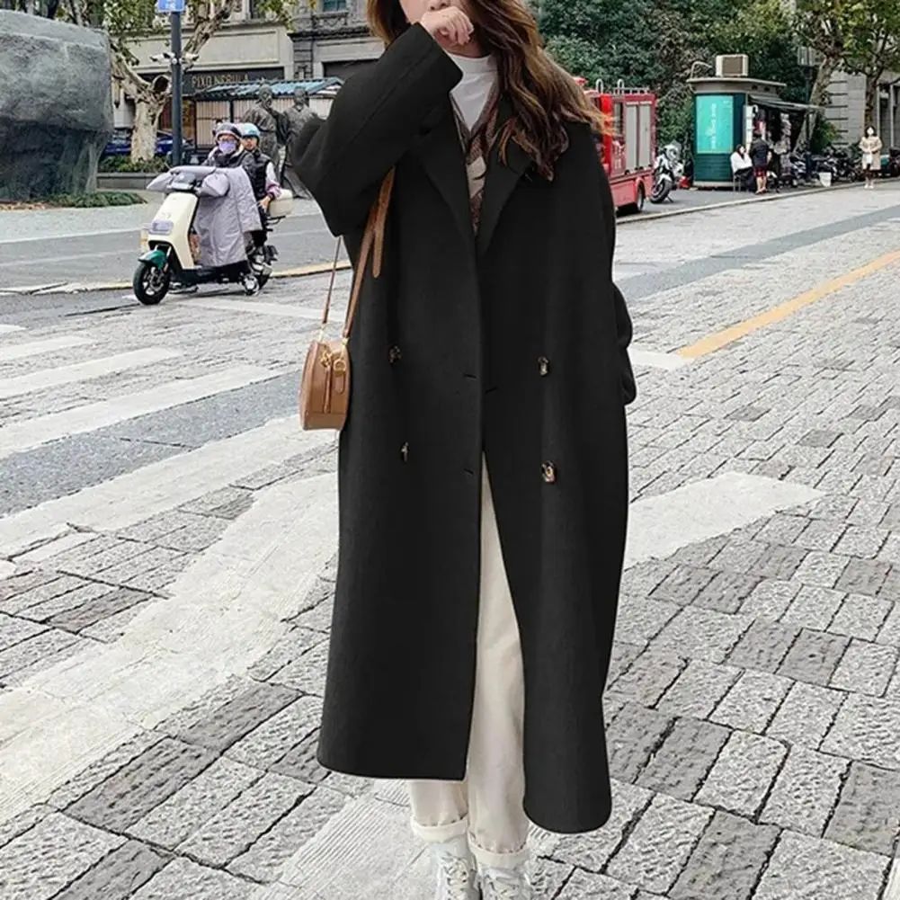 Women Coat Double-Breasted Mid-length Outerwear Lapel Stylish Warm Mid-Length Double Pockets Winter Coat Lady Accessories