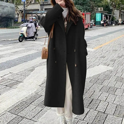 Women Coat Double-Breasted Mid-length Outerwear Lapel Stylish Warm Mid-Length Double Pockets Winter Coat Lady Accessories