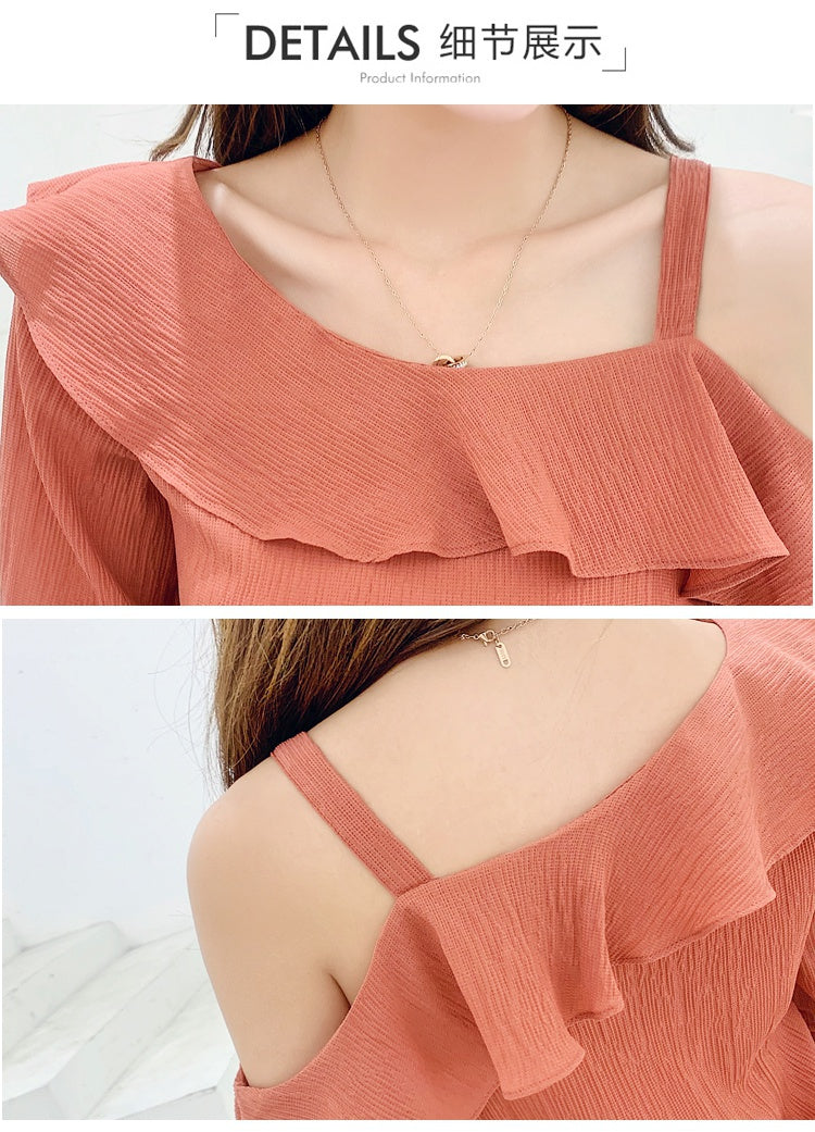 Women's Shirt Tops Fashion One-Shoulder Ruffles Short-sleeved Tops Chiffon Tops S-XXL