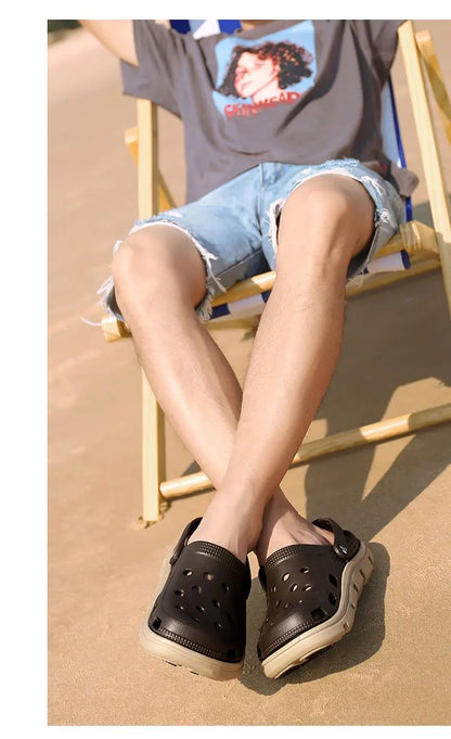 2024 Summer Plus Size Hollow Out Sandals Men's Breathable Slippers Trendy Thick Base Slip-On Beach Shoes Men's Footwear