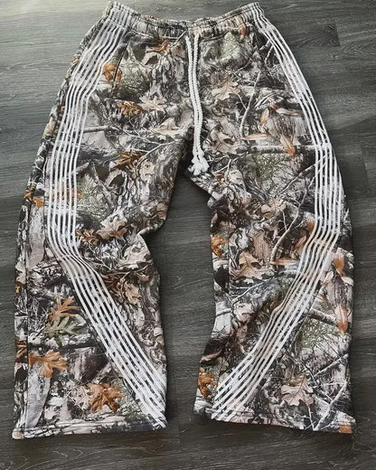 Calça Casual Bordada Cinza Y2k Camuflada Tática Funcional Masculina Feminina Premium Moletom com Cordão