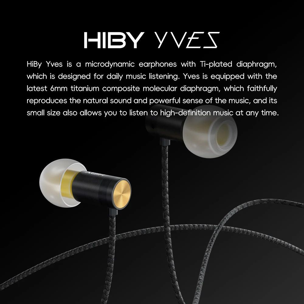 Fone de ouvido HiFi HiBy Yves 6mm Micro-dinâmico banhado a titânio, Driver de alta magneticidade, Câmara de baixa ressonância, Isolamento de ruído, Amigável à pele