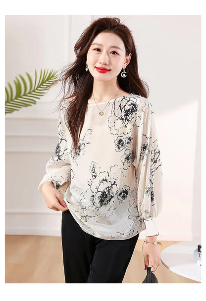 Tcyeek, 100%Real Silk Elegant Shirt, Women Long Sleeve ONeck Printed, Loose Fashion OL Blouses, 2024 Summer Autumn T47116QM