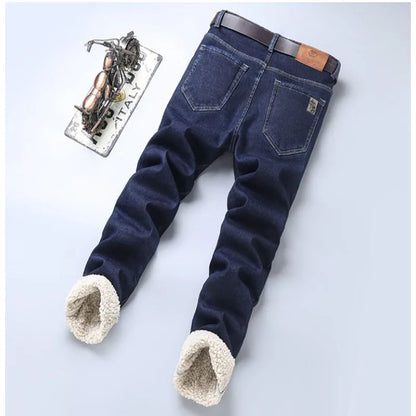 Calça Jeans Masculina de Lã Aveludada, Inverno, Forrada com Lã Grossa, Casual de Negócios, Reta, Jeans, Macia, Confortável, Térmica, Elástica, Calças Masculinas