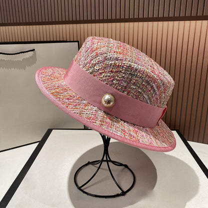 Chapéu jacquard estilo socialite europeia delicado e elegante com pérolas, chapéu de tweed rosa, chapéu de festa feminino da moda