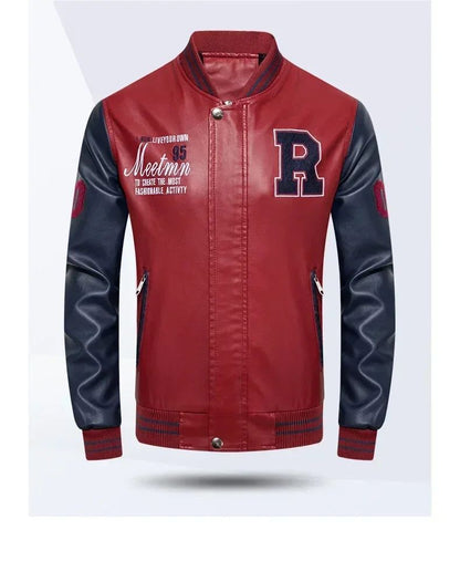 Men's American Baseball Collar Pilot Casual PU Spring and Autumn Leather Jacket Motorcycle Suit Leather Jacket Color Blocking