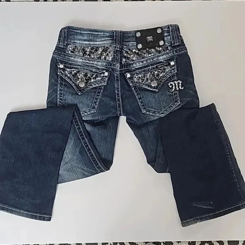 Retro Miss Me Boot Cut Jeans Female Y2K New Blue Jeans Embroidered Wing Pocket Hip Hop Harajuku Gothic Wide Pants Street Wear