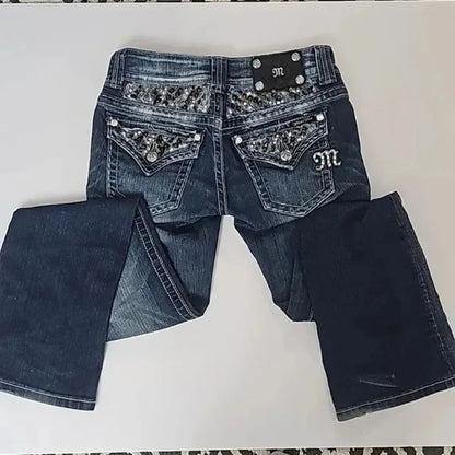 Retro Miss Me Boot Cut Jeans Female Y2K New Blue Jeans Embroidered Wing Pocket Hip Hop Harajuku Gothic Wide Pants Street Wear