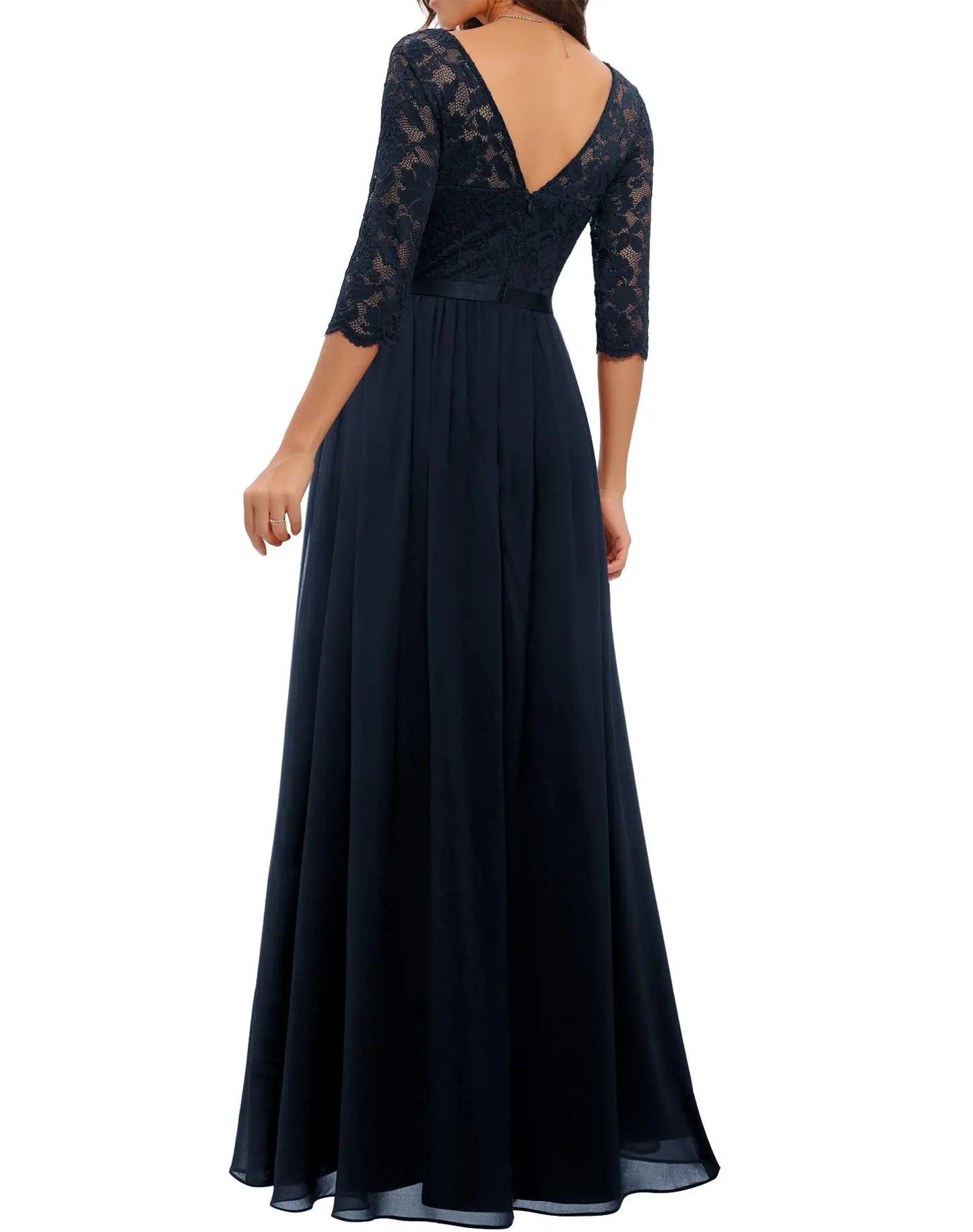 New 6-Color 5-Size Lace Splicing Long Waist-Cinching Elegant Dress Floor-Length V-Neck Polyester Fiber Evening Gown Dress